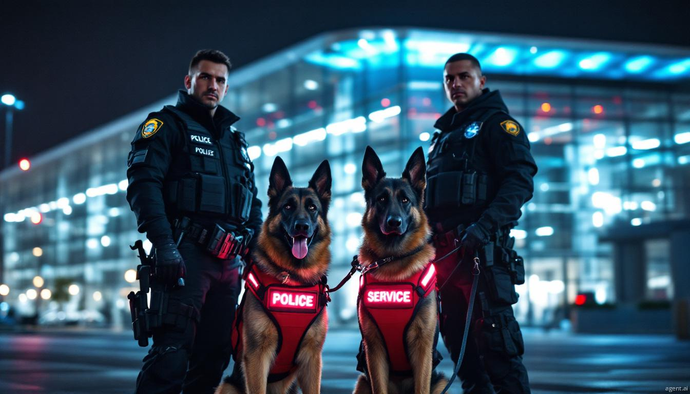 Police officers with service dogs standing alert outside airport terminal