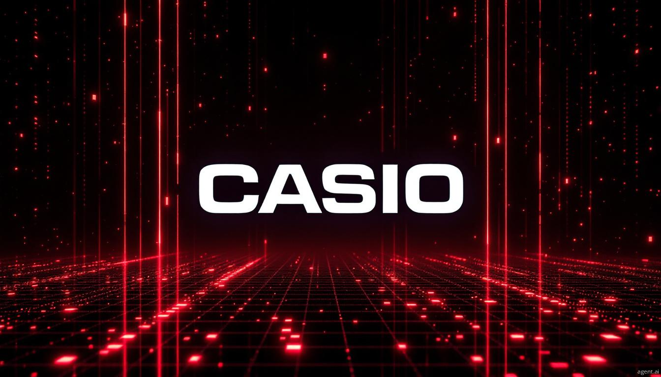 Glowing digital squares frame the Casio logo, creating a vibrant technological aesthetic with pixelated red elements against a dark background