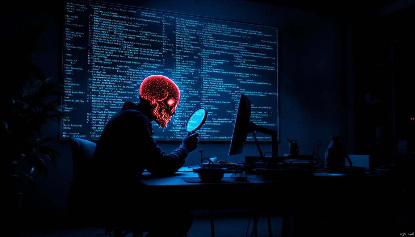 A magnifying glass reveals a menacing red skull with digital tentacles, symbolizing the hidden dangers of computer viruses