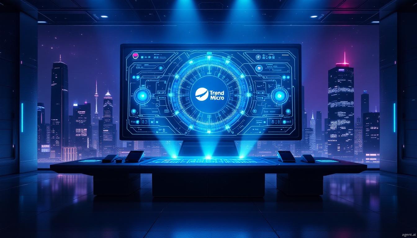 A high-tech control room with an advanced digital interface overlooking a nighttime futuristic cityscape
