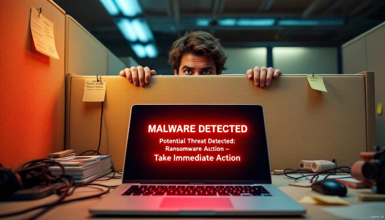 An office worker peering over a cubicle wall with a laptop screen showing a critical malware warning