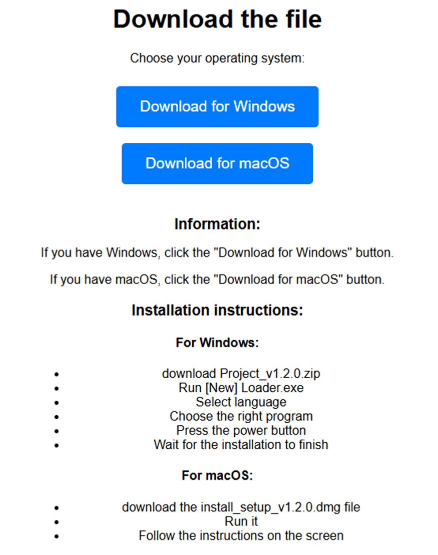 Download page featuring buttons for Windows and macOS, with instructions for installing software on both operating systems.