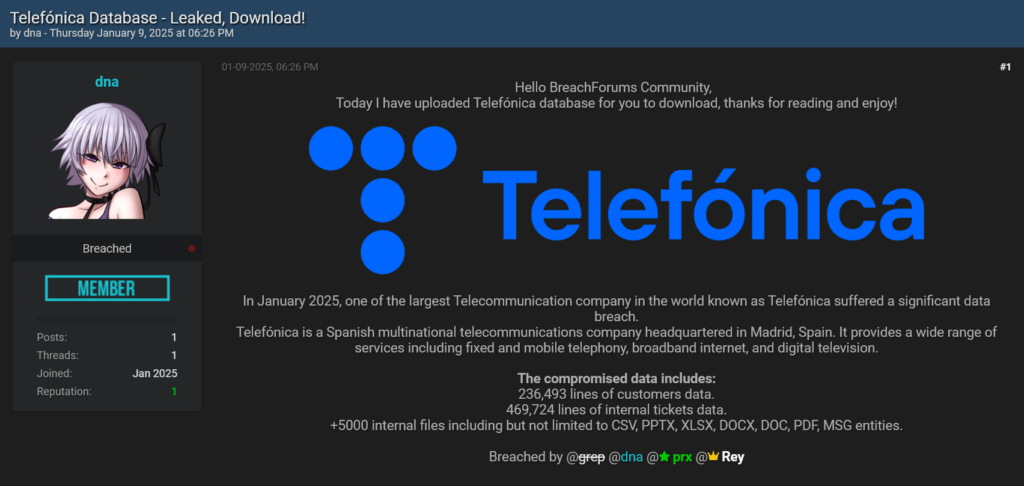 Screenshot of a BreachForums post announcing the leak of Telefónica's database, detailing customer and internal ticket data exposure.