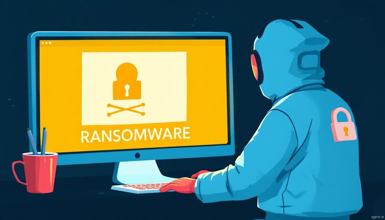 A digital artist focuses on online protection, working intently at a computer with cybersecurity imagery visible