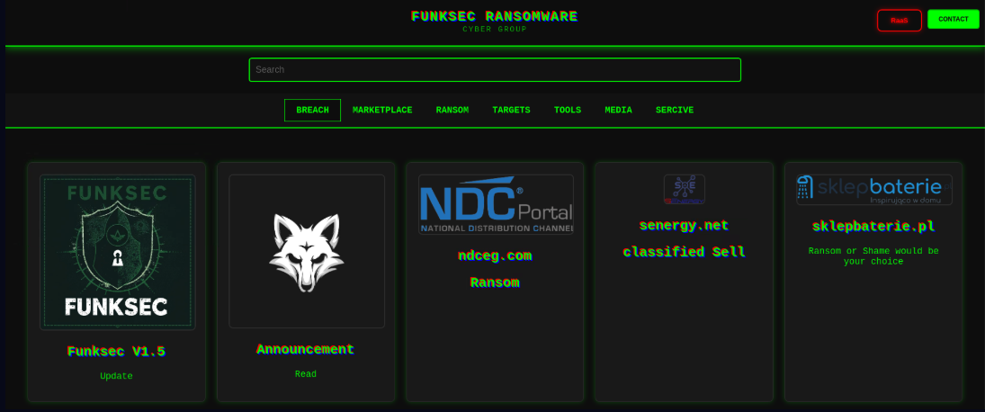 Screenshot of the FunkSec ransomware group's dark web portal highlighting sections like breach, marketplace, ransom, targets, and tools.