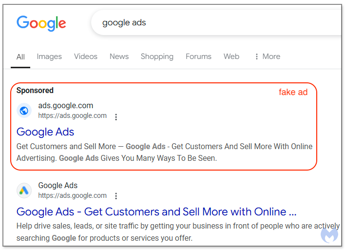 Screenshot of a Google search result showing a malicious ad impersonating Google Ads at the top as a sponsored link.