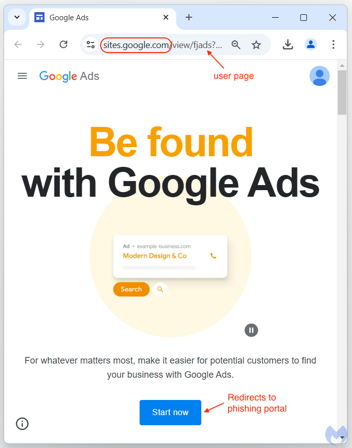 Screenshot of a malicious Google Sites page impersonating Google Ads, with a "Start now" button that redirects users to a phishing portal.