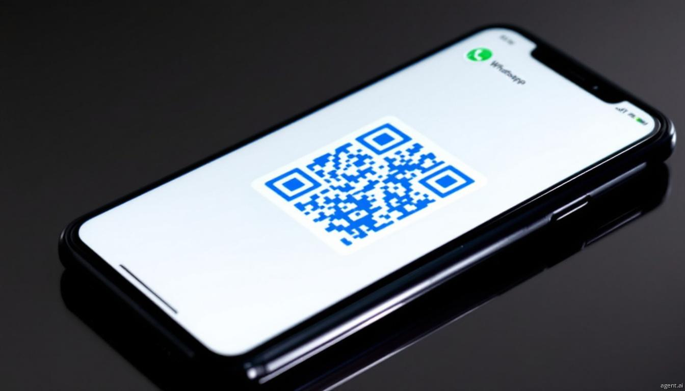 Smartphone showcasing a QR code on its screen with the WhatsApp logo