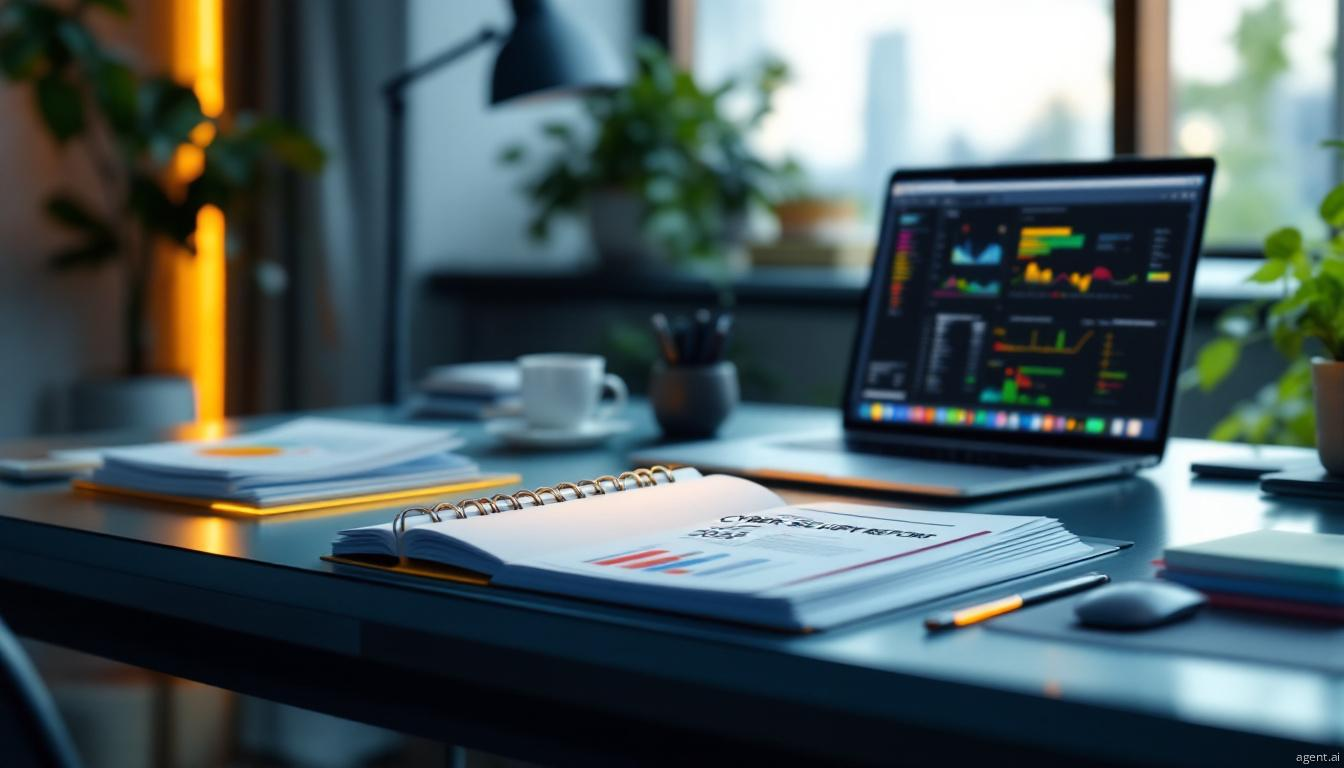 A modern office desk featuring a cybersecurity report, a laptop displaying analytics, and a well-lit workspace.