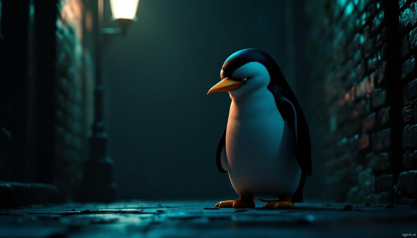 A solitary penguin standing thoughtfully in a narrow city alleyway, lost in reflection beneath a soft street lamp's glow