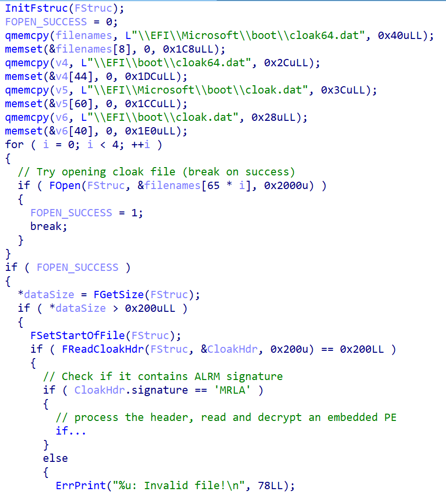 A code snippet showcasing the initialization and file handling logic in a UEFI bootloader, including attempts to open and verify specific files like "cloak64.dat" and check for an ALRM signature.