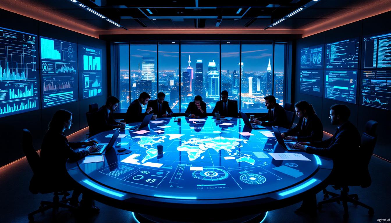 Business professionals collaborating around a digital map, discussing international data and strategy at night