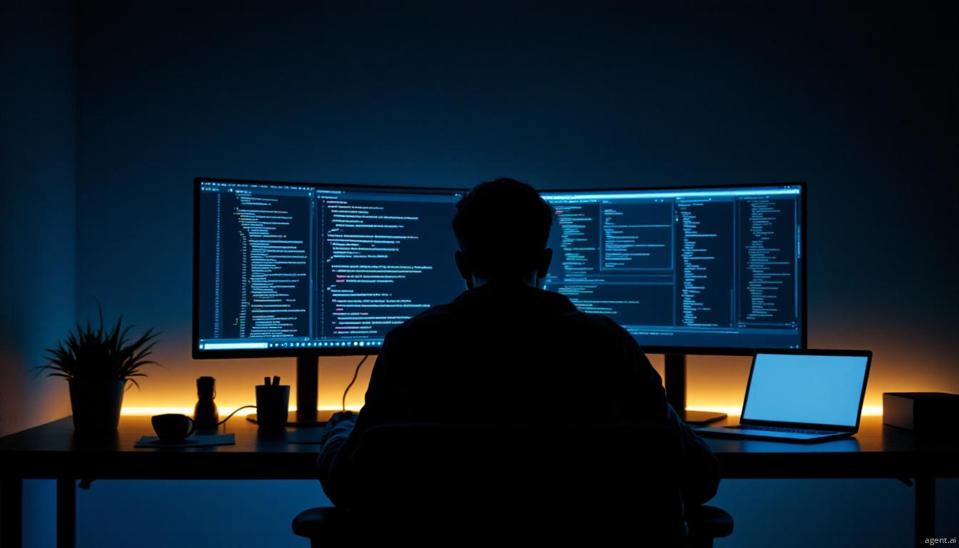 A solitary figure works intently at a desk, silhouetted against multiple computer screens displaying lines of code