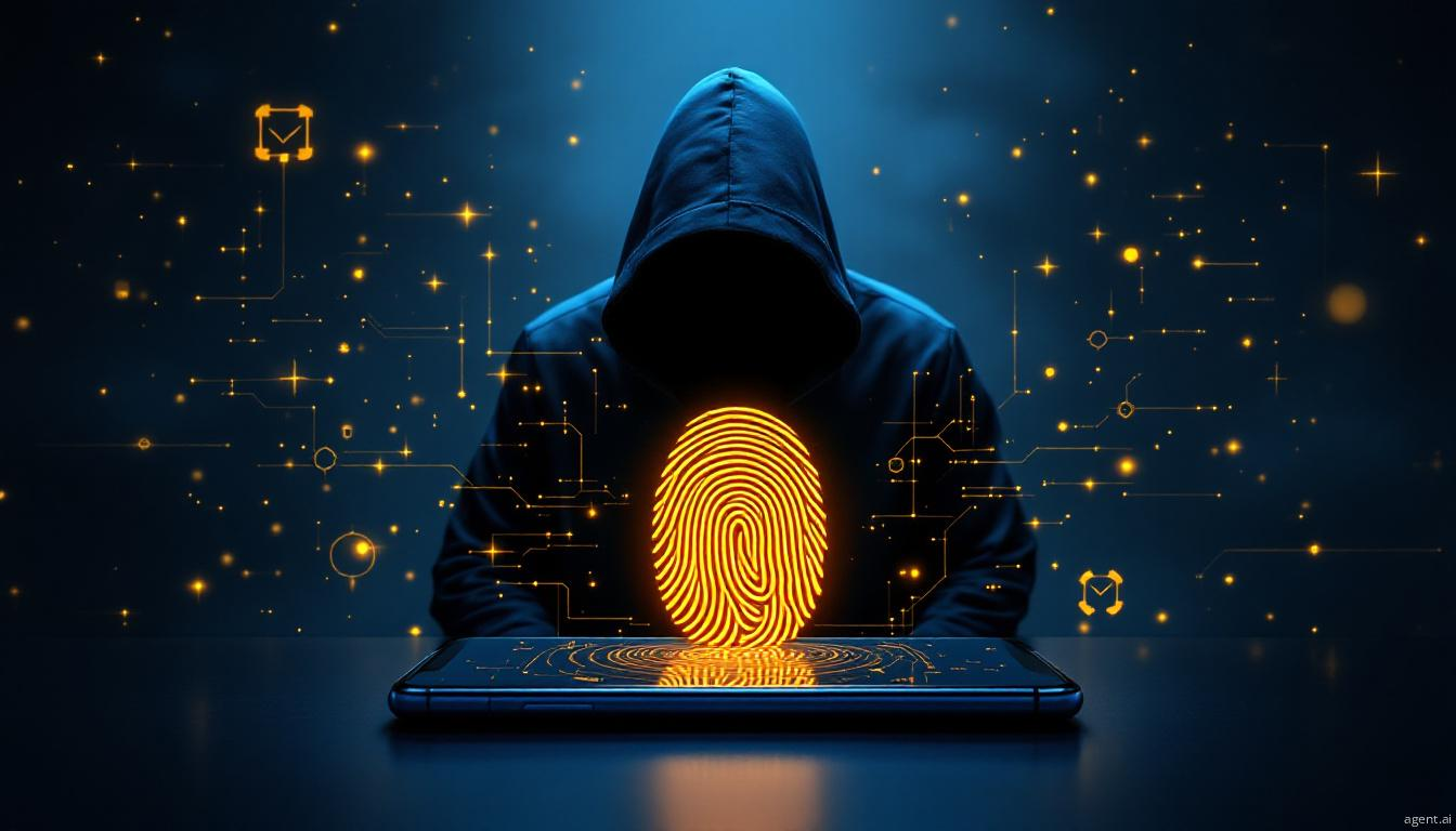 A hooded figure stands silhouetted amid glowing digital symbols, with a smartphone displaying a golden fingerprint in the foreground.