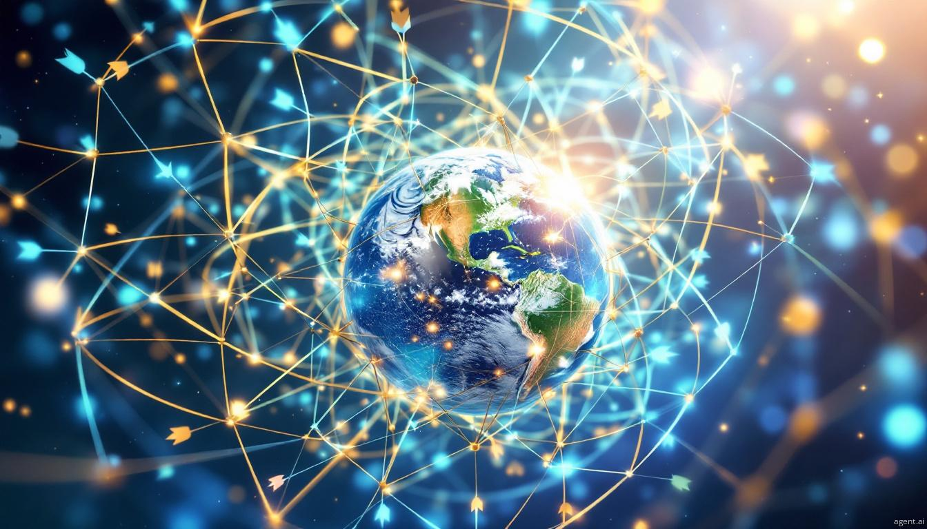 A view of Earth showing interconnected communication lines surrounding the planet