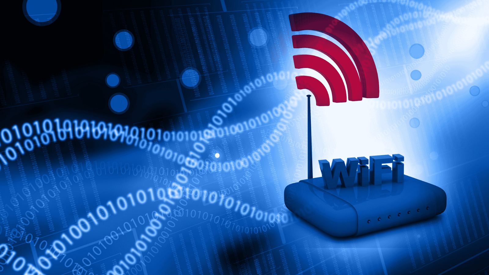 A digital depiction of a WiFi router with a red signal icon and binary code background, representing wireless connectivity and cybersecurity.