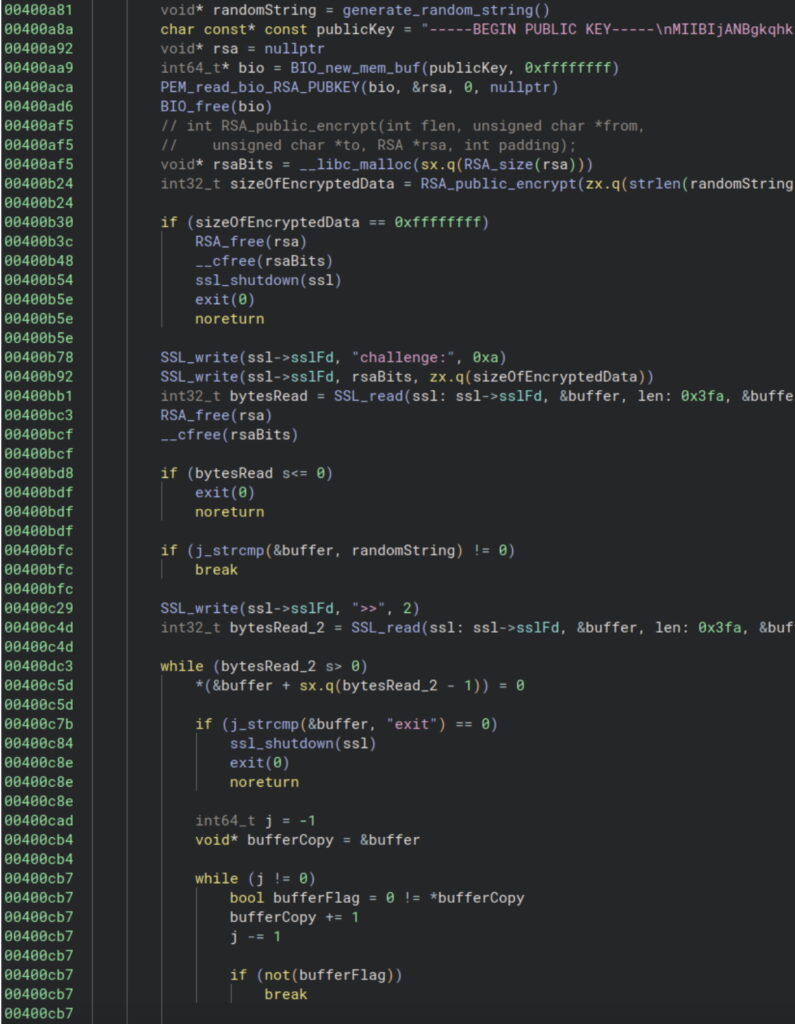 Code snippet showing an implementation of RSA public key encryption and SSL communication, with error handling and string comparison logic.