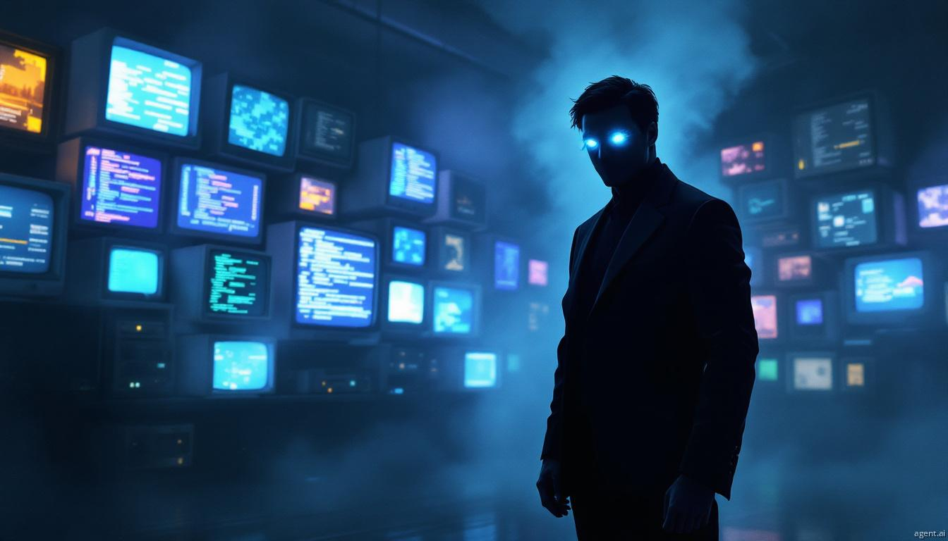 A suited figure stands silhouetted against a technological backdrop, mysterious and enigmatic, with glowing eyes amid a network of monitors and cables