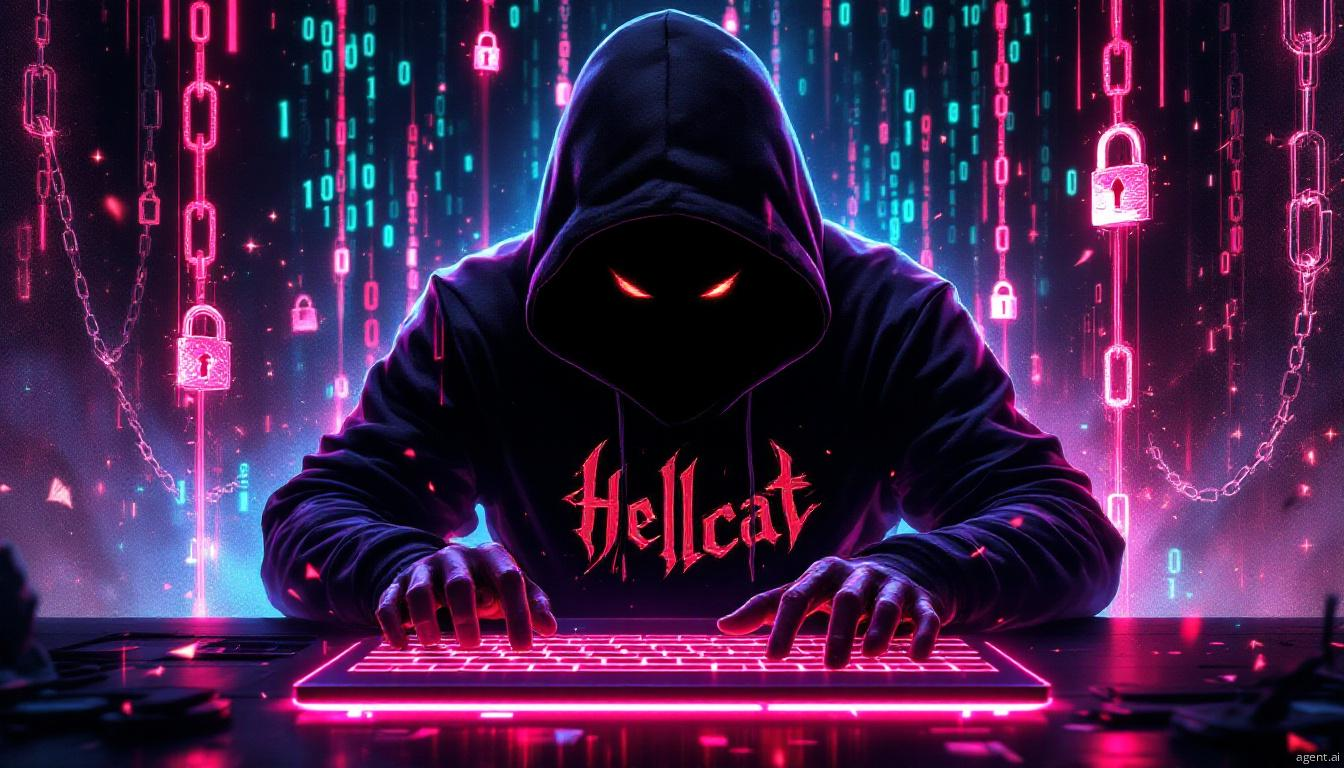 A hooded figure with glowing red eyes, typing on a neon-lit keyboard, surrounded by digital locks and binary code, symbolizing a hacker in a cyberattack scenario.