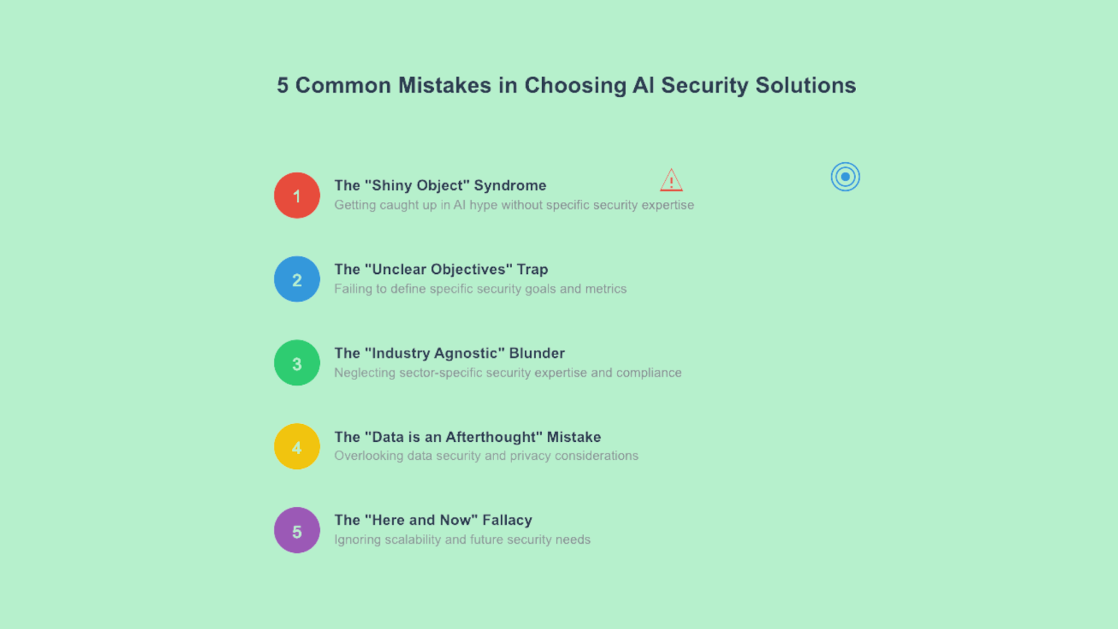 Graphic highlighting five common mistakes when selecting AI security solutions.