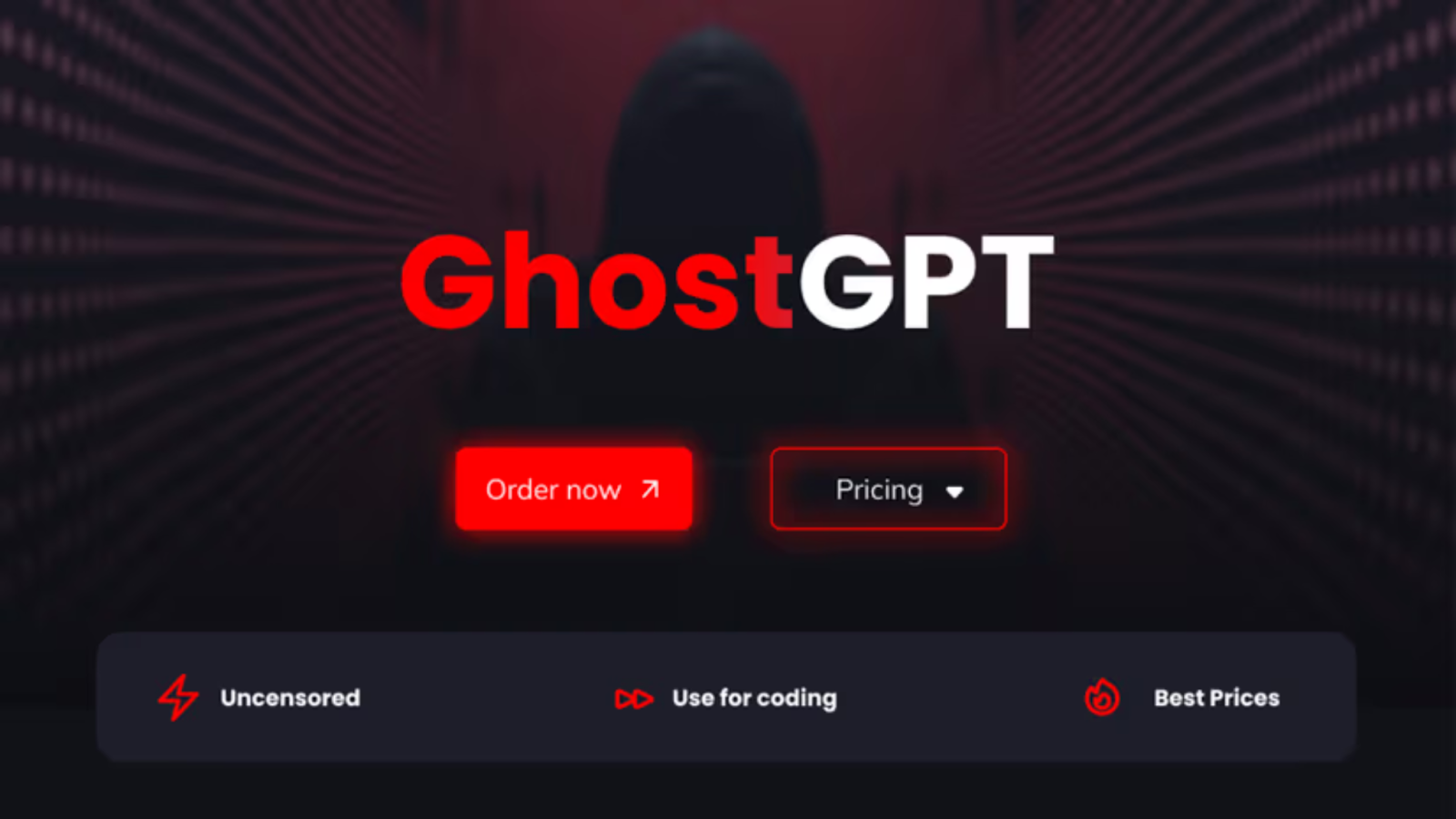 A dark-themed promotional banner for "GhostGPT," an AI chatbot advertised as uncensored, coding-friendly, and affordable.
