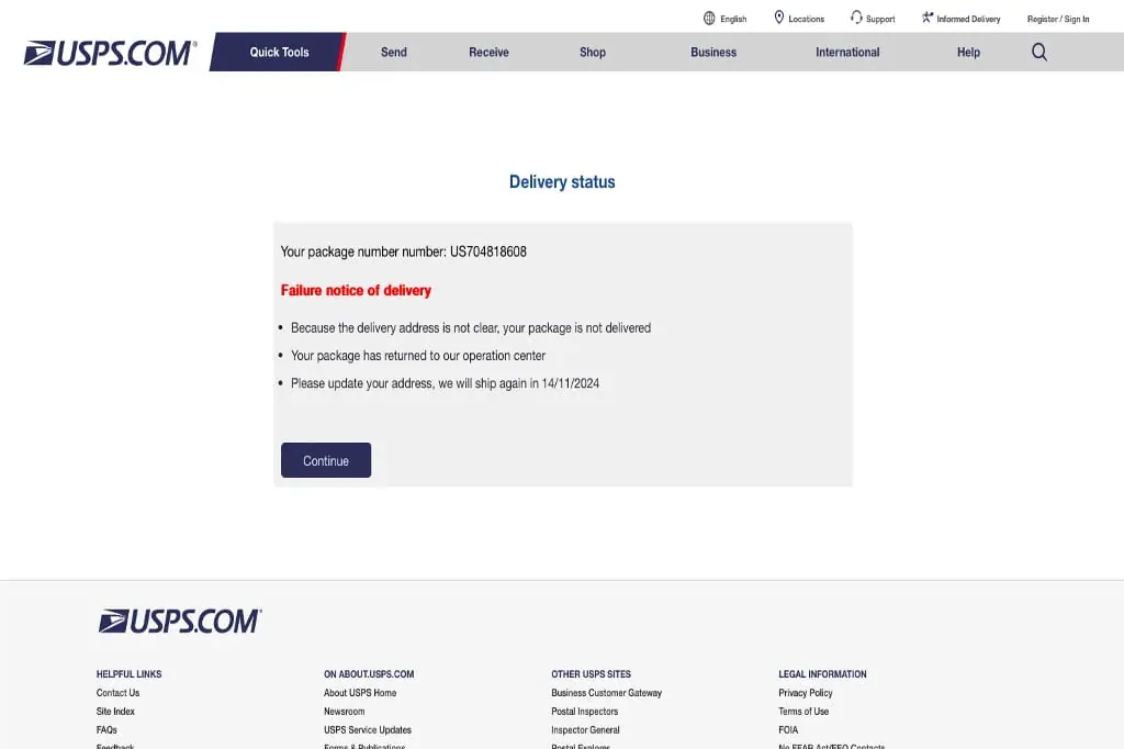 A screenshot of a fraudulent USPS webpage falsely claiming a delivery failure and prompting users to update their address.