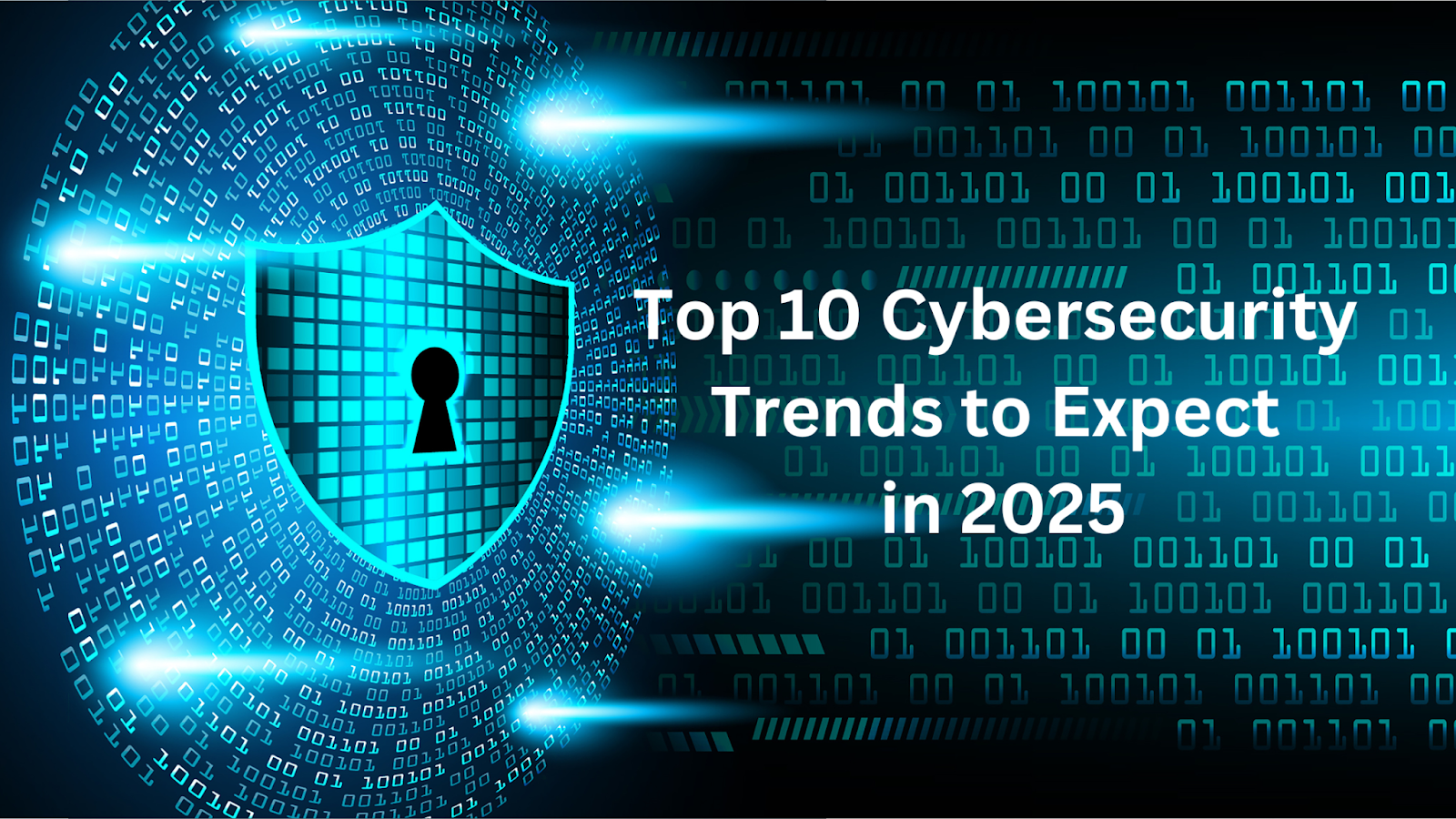 A digital shield with a keyhole, surrounded by binary code, representing cybersecurity trends for 2025.