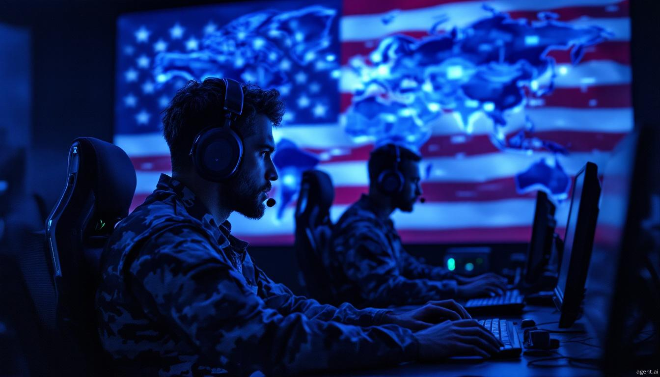 Military personnel monitoring global communications at computer workstations