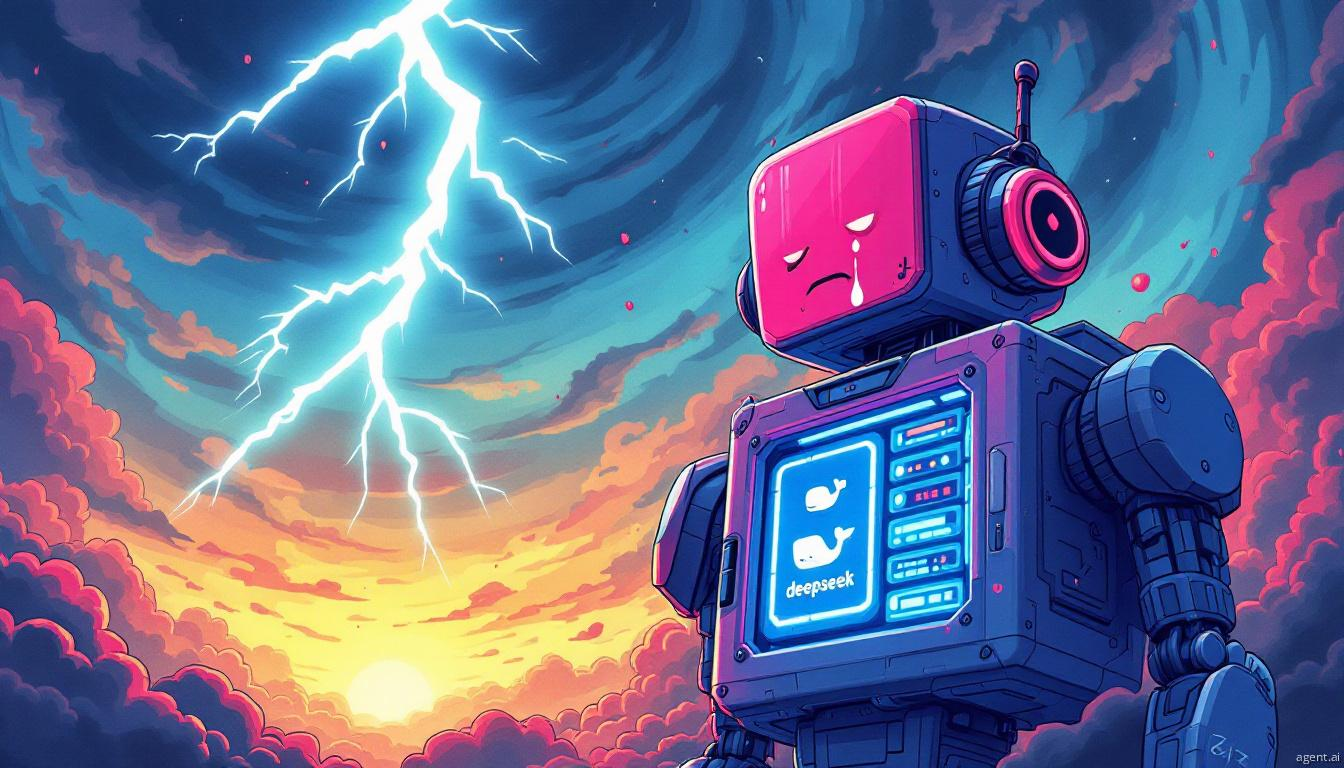 A sad robot with an open mechanical chest, revealing internal servers, positioned against a cloudy background with floating binary code