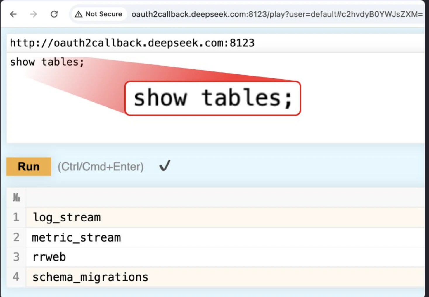 A screenshot of a browser window showing an SQL query (SHOW TABLES;) executed on DeepSeek's database, listing internal tables like log_stream, metric_stream, rrweb, and schema_migrations.