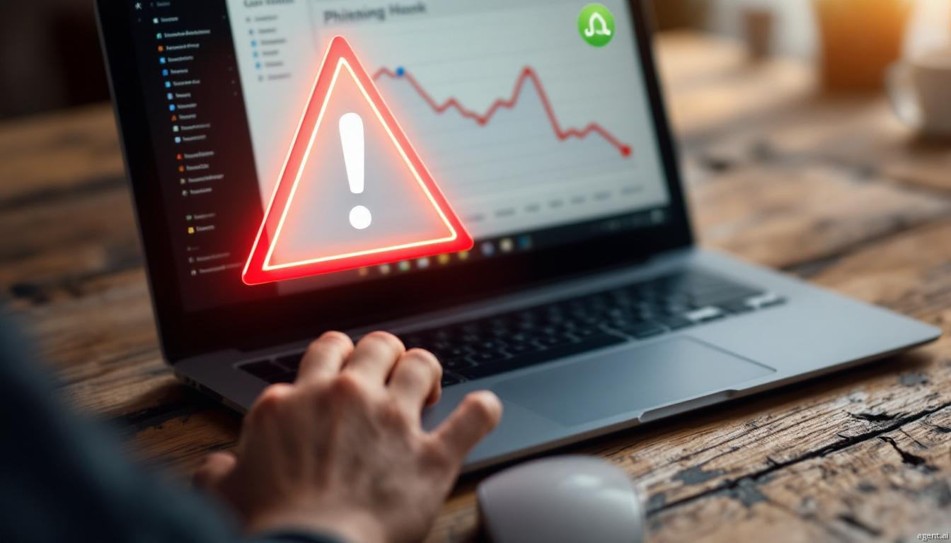 A person working on a laptop with a warning email icon and digital security indicators