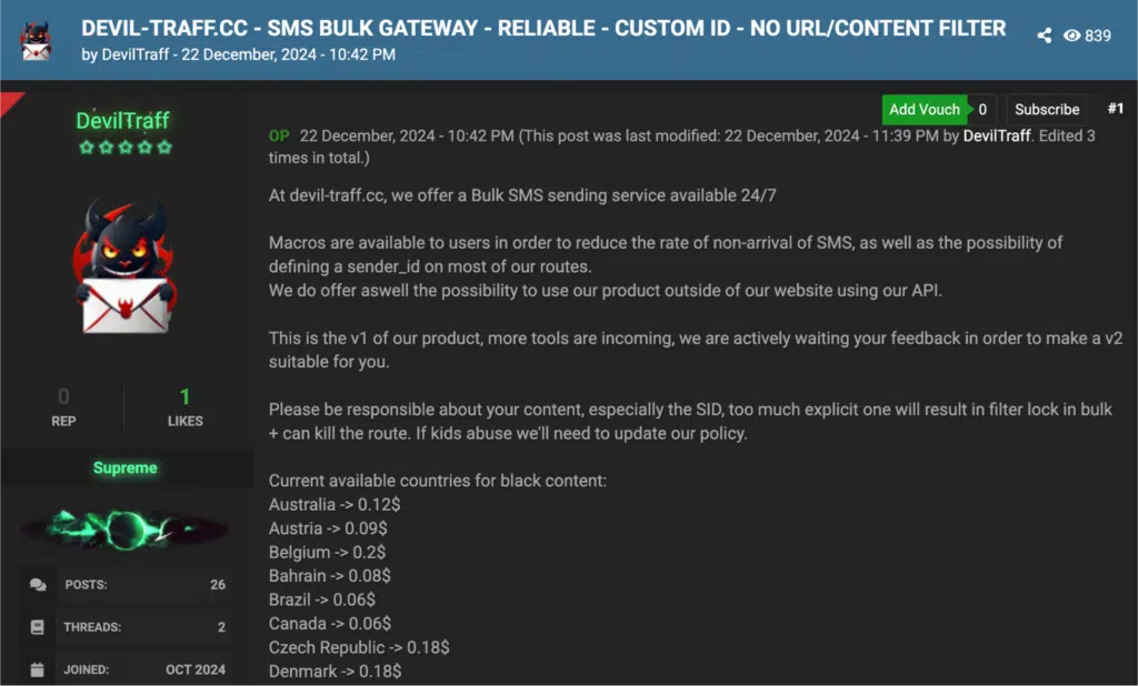 Screenshot of a forum post from "DevilTraff" promoting a bulk SMS gateway service, mentioning sender ID customization, API access, and black content pricing for various countries.