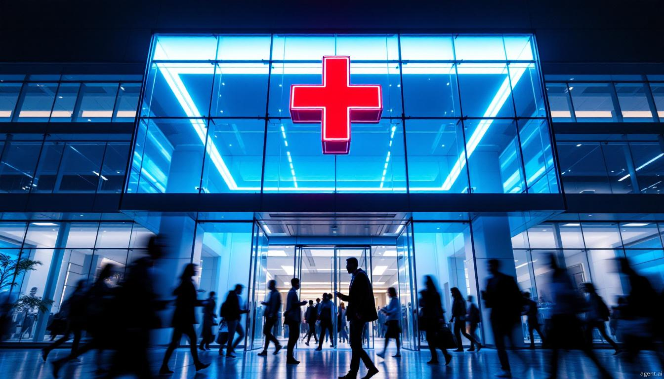 Hospital entrance with people moving through glass doors under a glowing red cross sign at night