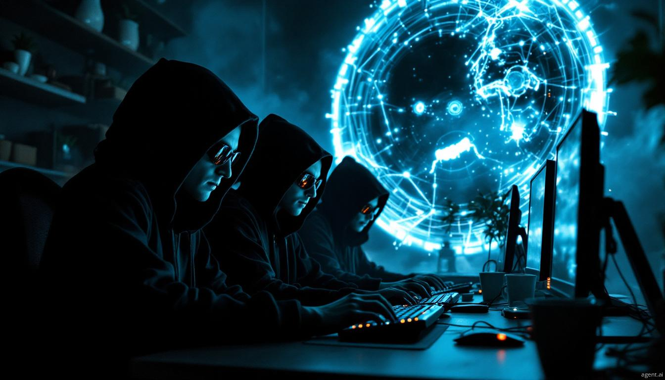 A group of hooded individuals collaborate in a dimly lit technological workspace, their silhouettes outlined against a glowing digital display