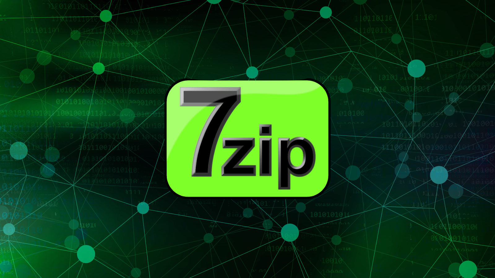 7-Zip logo on a digital cybersecurity-themed background with network nodes and binary code.