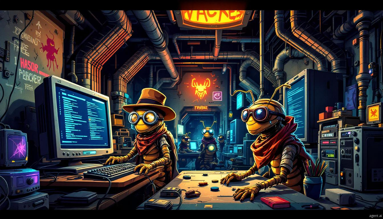 A futuristic cyberpunk illustration of anthropomorphic termite hackers working in a high-tech underground hideout, symbolizing ransomware operations and cyber threats.