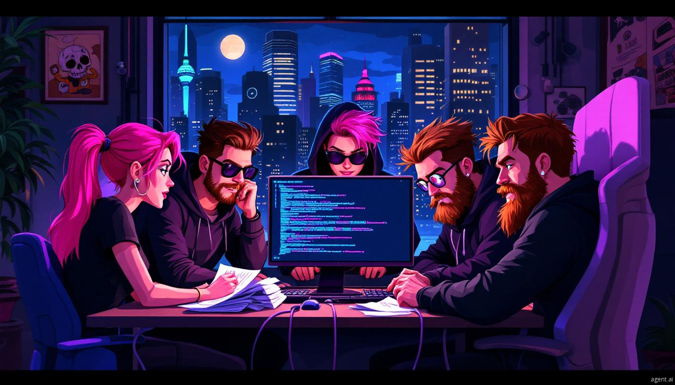 A group of hackers in hoodies and sunglasses collaborating in a dimly lit room with a neon-lit cityscape in the background.
