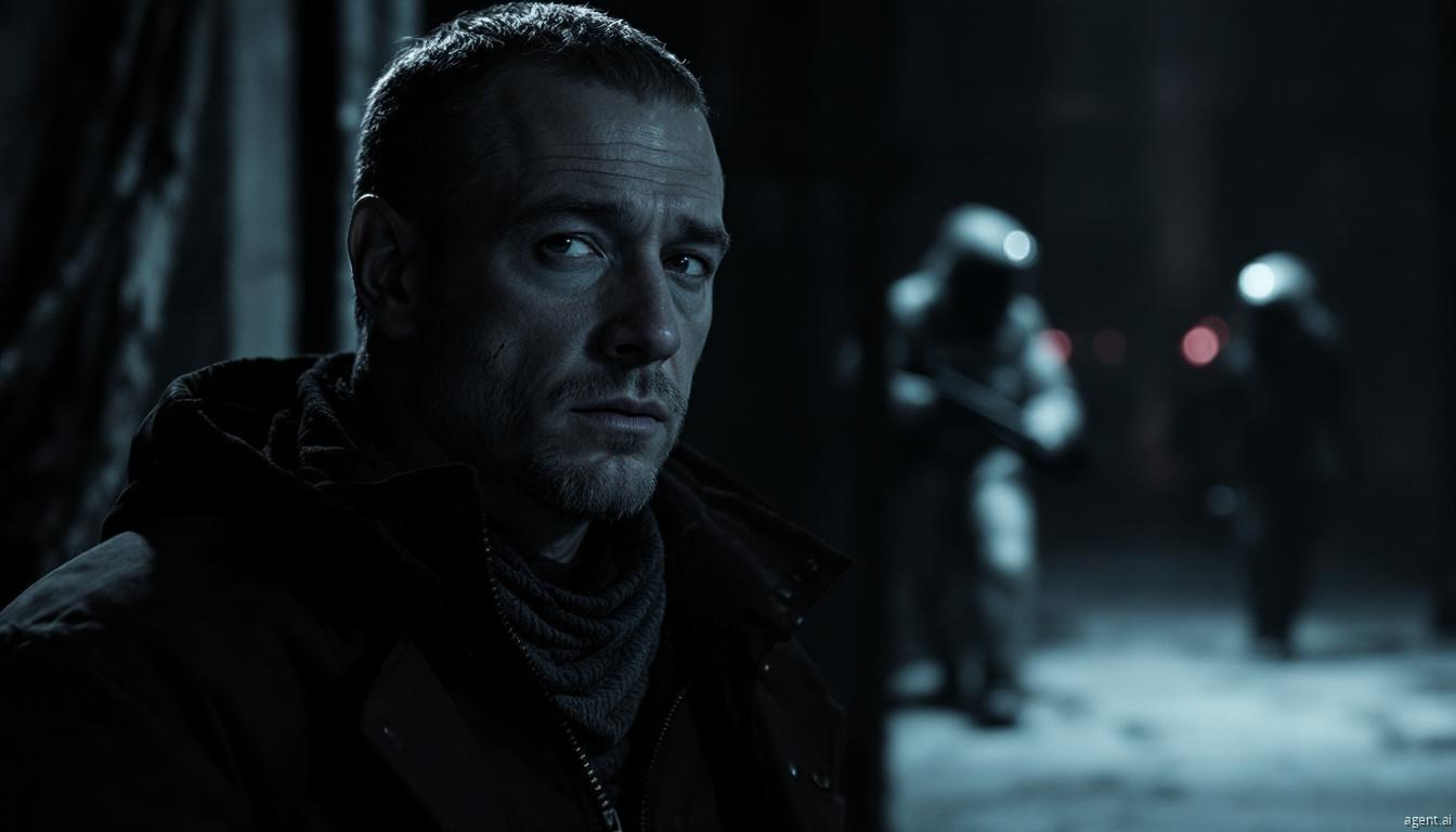 A serious-looking man in a dark coat stands in the foreground while armed figures in hazmat suits patrol a dimly lit, eerie environment.