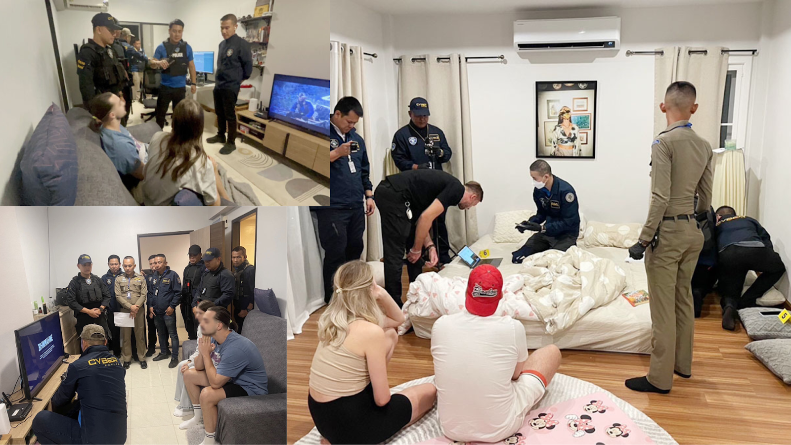 Law enforcement officers conducting a raid in a residence in Phuket, questioning foreign individuals and investigating a suspected cybercrime operation.