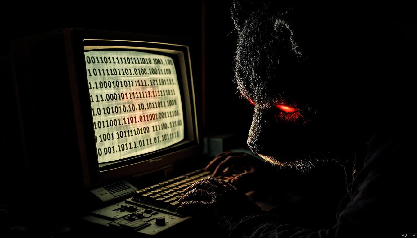A figure wearing a bear mask with glowing red eyes types on an old computer displaying binary code in a dark room, symbolizing cyber threats or hacking.