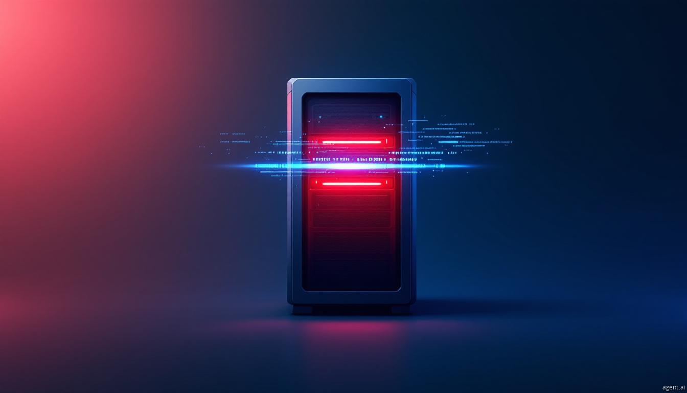 A futuristic server tower with glowing red lights and digital data streams, symbolizing cybersecurity threats or data breaches.