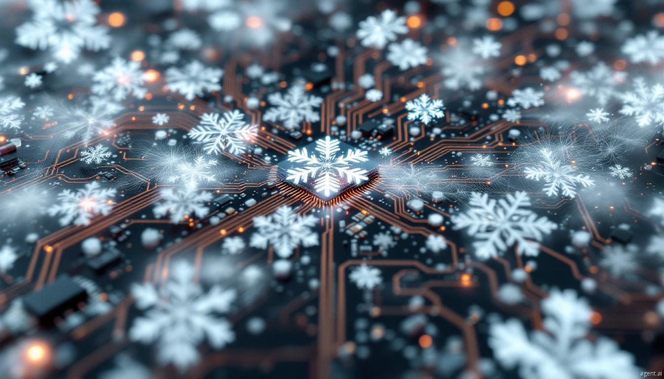 A computer circuit board covered in glowing snowflakes, symbolizing a digital cold attack or a cybersecurity threat with a winter theme.