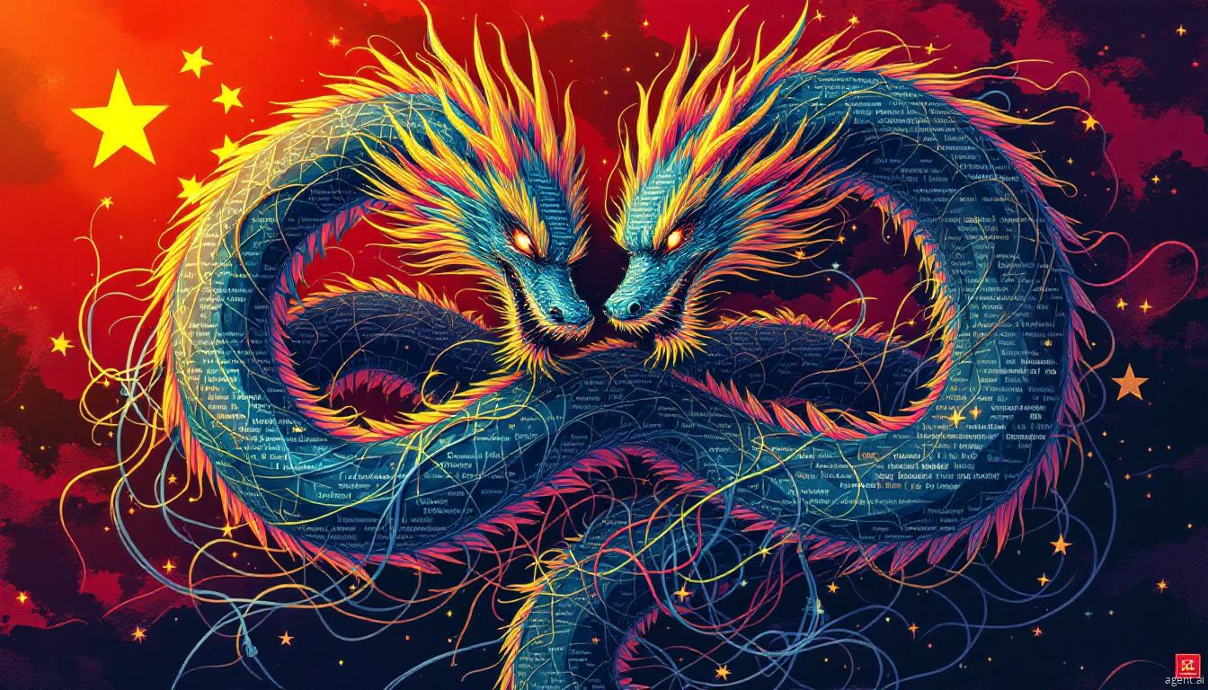 A vibrant illustration of two intertwined digital dragons with glowing eyes, symbolizing complex cyber threats and espionage.