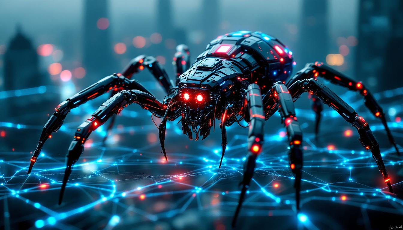 A futuristic robotic spider with glowing red eyes crawling on a digital network, symbolizing cyber threats and malicious operations.