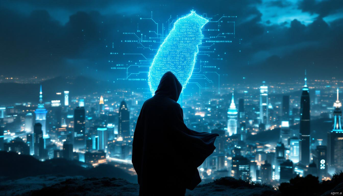 A hooded figure overlooking a futuristic city skyline with a glowing digital map of Taiwan, symbolizing cyber espionage threats.