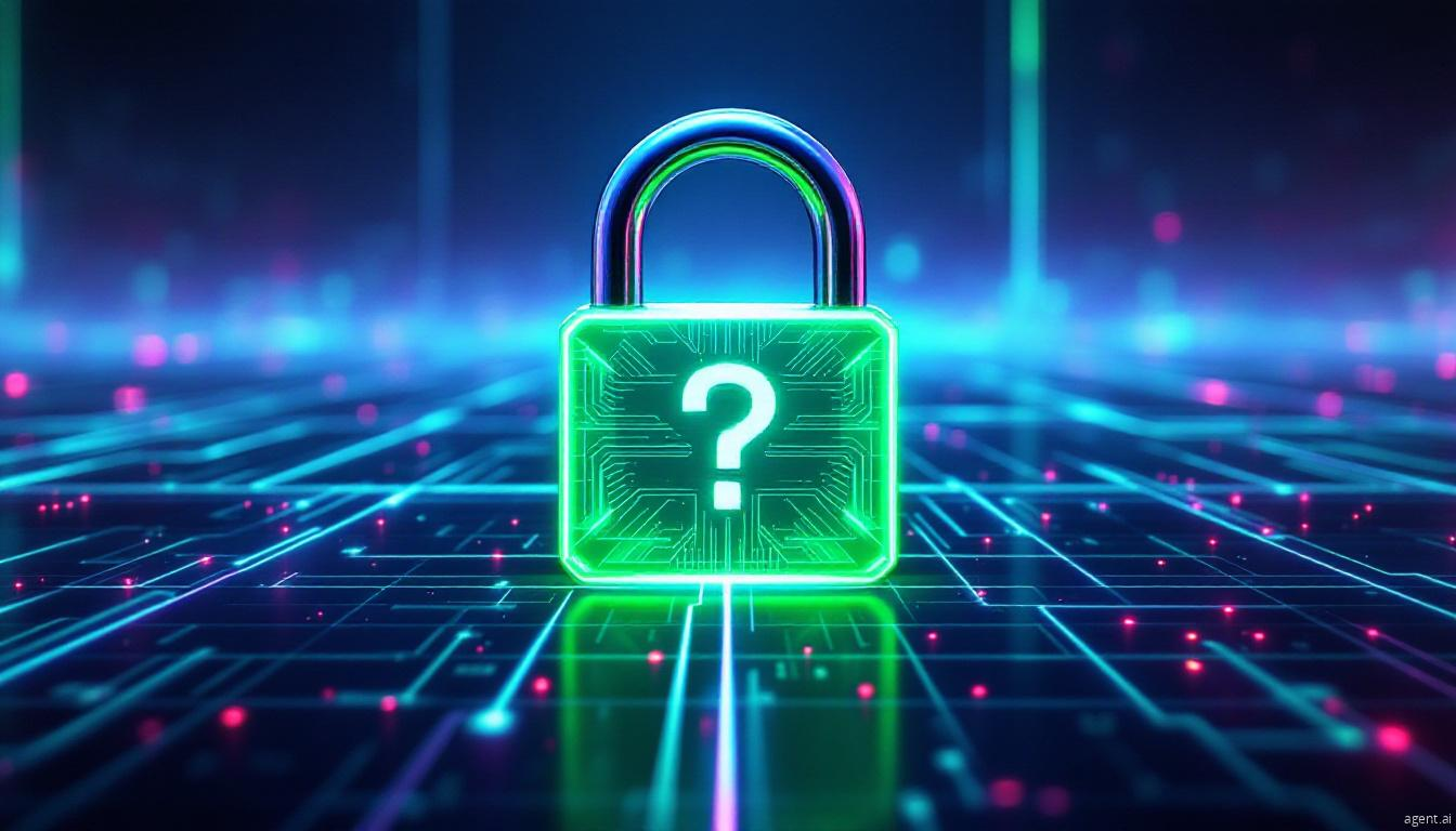 A digital landscape with a glowing cybernetic lock symbol questioning digital security and data protection