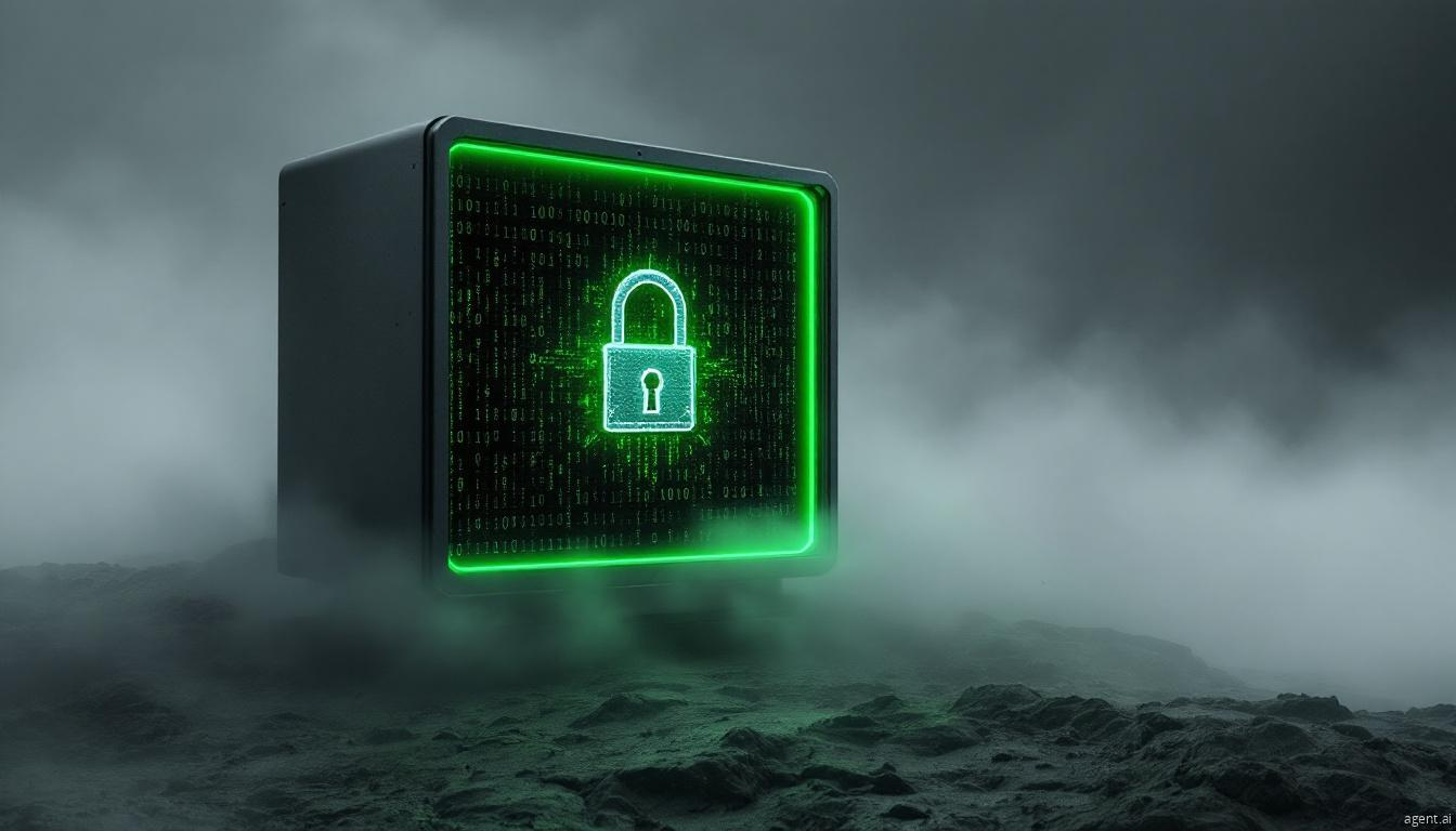 A glowing green padlock on a digital screen surrounded by fog, symbolizing the hidden dangers of ransomware attacks in the cyber world.
