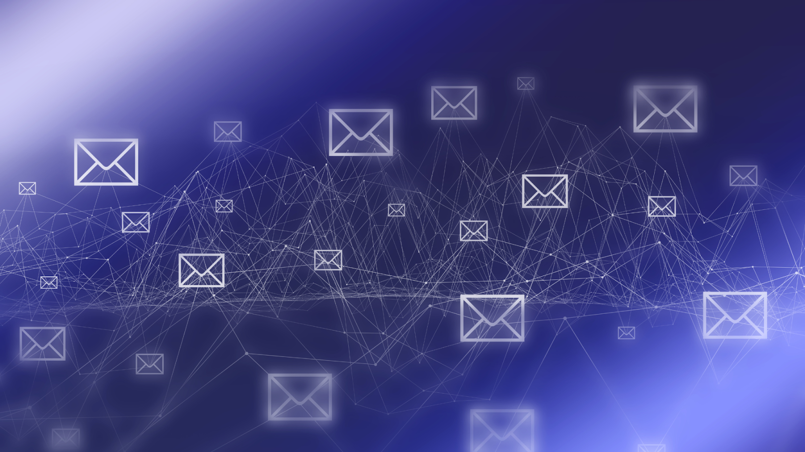 Floating email icons connected by a digital network on a blue gradient background.