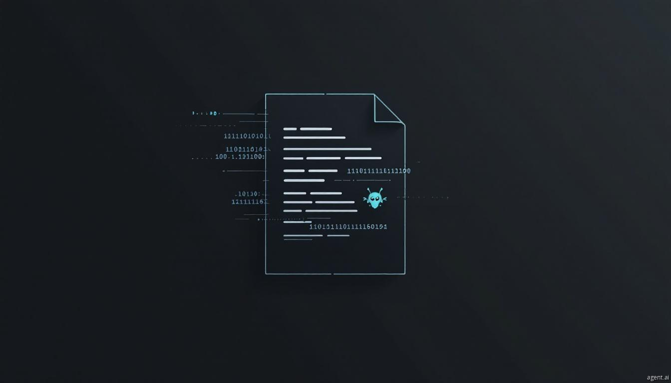 A digital illustration of a document with binary code and a malware bug icon, symbolizing malware analysis or infected files.