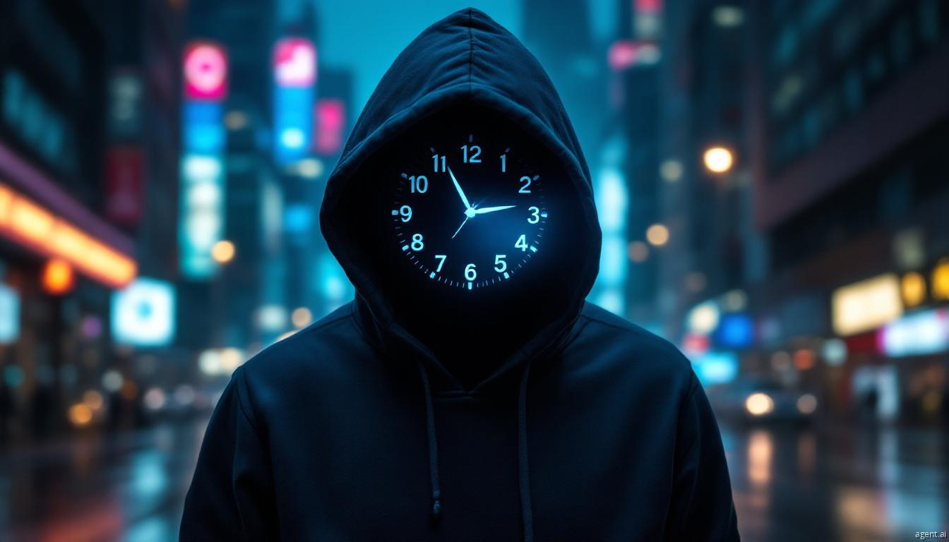 Hooded figure with a glowing clock face symbolizing the Kairos ransomware threat.